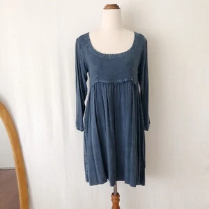 Tree Of Life Chambray Short Dress Size S Small Navy Blue Acid Wash 3/4 Sleeves - Picture 1 of 11