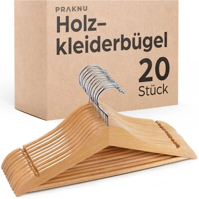 PRAKNU 20 Kleiderbügel Holz mit Steg Stange Garderoben Bügel Hose Jacken Kleider Natur