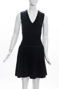 ALAIA Black Brown Sleeveless V Neck Fit and Flare Fleece Wool Blend Dress 38 GUC - Picture 1 of 12