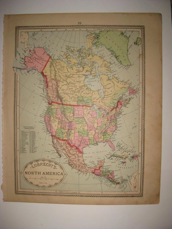 АНТИКВАРНАЯ КАРТА 1885 СЕВЕРНАЯ АМЕРИКА ЛУБРЕХТ РАСКРАШЕННАЯ ВРУЧНУЮ СОЕДИНЕННЫЕ ШТАТЫ КАНАДА ТЕХАС - Изображение 1 из 1