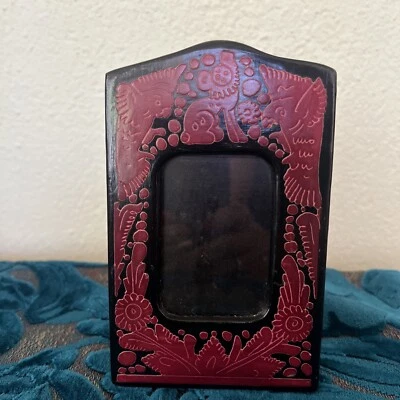 Marco de fotos madera pintado retrato rojo caballete de pie recorte floral tallado boho Foto 1 de 4