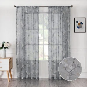 Floral Grey Sheer Curtain Flower Print Vine Embroidery Bedroom Curtains Rod Pock - Picture 1 of 8