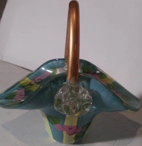 Clear Hand Blown Glass Basket with Hand painted Violet Flowers Signed 98 - Picture 1 of 8