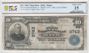 $10 1902 National Currency, First National Bank of  Bath, Maine Choice Fine 15 - Picture 1 of 2