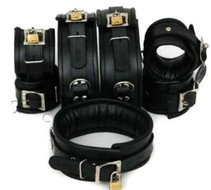 Real Cow Leather Wrist Ankle Thigh Cuffs & Collar Bdsm Restraint 7 Pieces Set - Picture 1 of 1