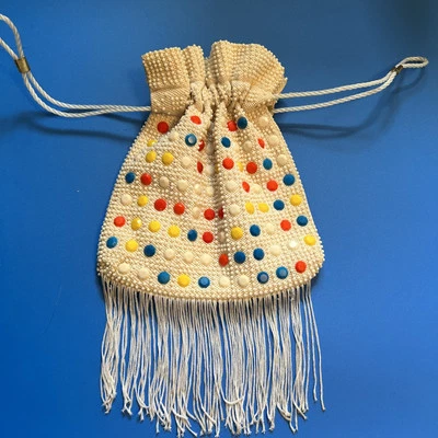 Bolso Cartera Vintage Años 60 Facetado Punto Cuentas Cordón Flecos Mod Boho Hippie Foto 1 de 4