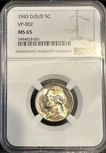 🔥 1943-D/D/D Jefferson Nickel VP-002 NGC MS65 RPM Variety (Pop 6, SUPER RARE!) - Foto 1 di 3