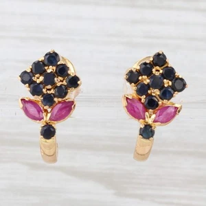 1.84ctw Zafiro Azul Rubí Flor J-Hook Pendientes 22k Oro Amarillo de Rosca - Imagen 1 de 6