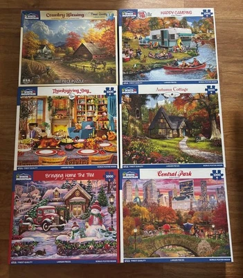 Lot 6 White Mountain 1000 pc Fall Puzzles ~ Camping, Thanksgiving Day w/Posters! - Image 1 of 3