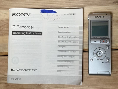 Sony ICD-UX512 Silver Stereo Digital Voice Recorder w/ Built-In USB Manual WORKS - Image 1 of 4