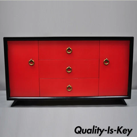 Mid Century Modern Art Deco Black and Red Credenza Cabinet Sideboard by Harjer Cover
