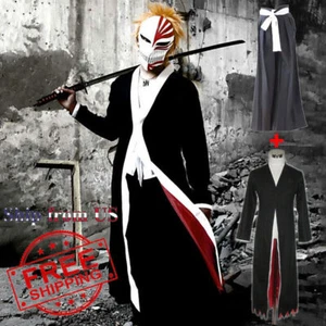 Cosplay Bleach Kurosaki Ichigo Robe Cloak CoatKimono Pants Full Set Cos Costume - Picture 1 of 16