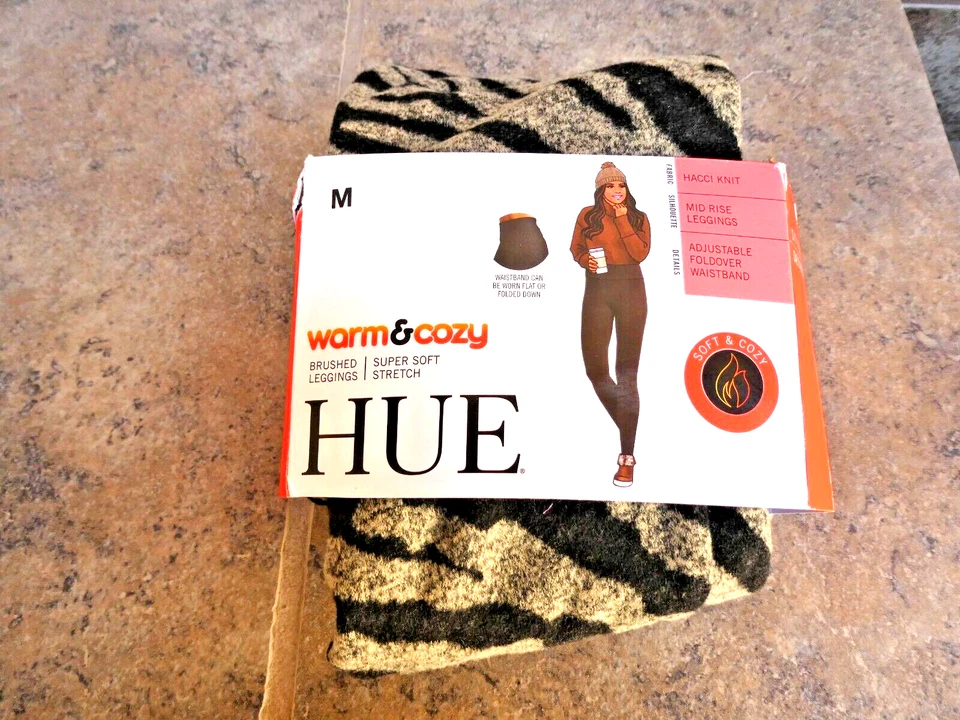 Hue Plush Leggings SZ M Zebra Black Brown Soft Stretch Warm Cozy Curl Waist Open - Image 1 of 1