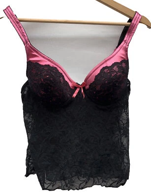 DONNA LOREN Pink Silky Top Black Shear Lace Padded CAMI  Medium Y2K - Image 1 of 4