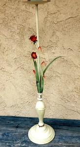 TOLEWARE TALL SINGLE CANDLE HOLDER METAL & GLASS ROSES ANTIQUE ITALIAN STANDING - Picture 1 of 11