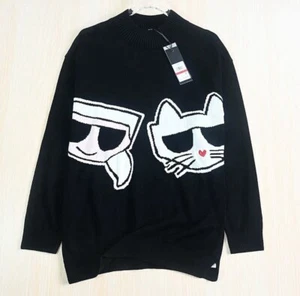 Karl Lagerfeld Paris Women Black Old Men & Cat Cute Logo Sweater, Sz XSmall XS - Picture 1 of 9
