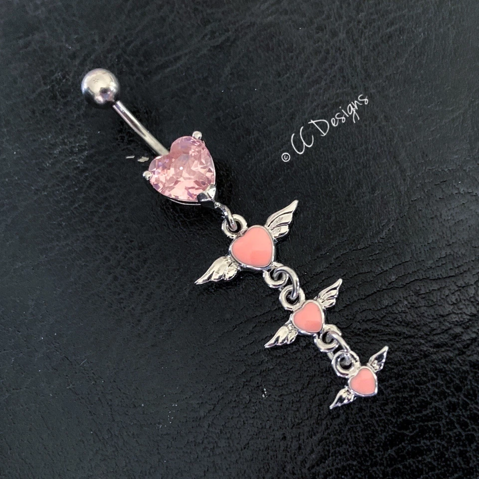 14g Punta Delantera Rosa Corazón Brillo Circonita Cuelga Triple Alado Corazón Vientre Anillo B460 Foto 1 de 3