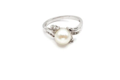 14k White Gold 7mm Pearl And Diamond Ring Size 6.75 Signed EMA - Image 1 of 4