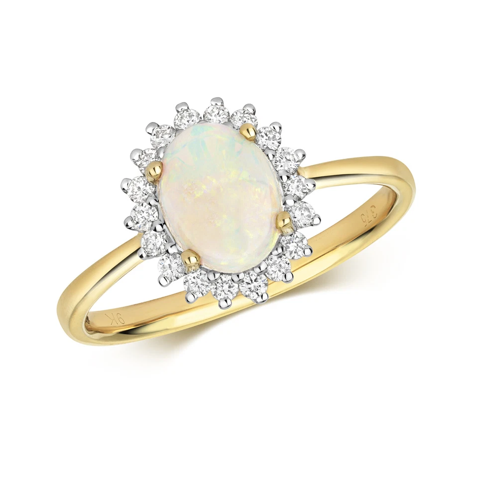 Bague Solitaire Femme Or Jaune 9 k/carat et Diamant 0.20 Carat avec Opale - Photo 1/1
