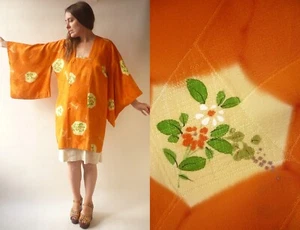 1970's Vintage Japanese Orange Crepe Floral Printed Michiyuki Kimono Jacket - Picture 1 of 8