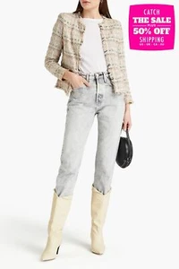 RRP €458 IRO Tweed Jacket FR42 US10 UK14 XL Frayed Trims Open Front Long Sleeve - Picture 1 of 5
