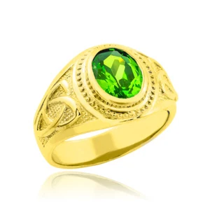 Gold Celtic Emerald Green Oval CZ Men's Ring - Picture 1 of 1