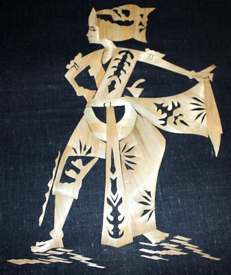 Vintage BAMBOO STRAW ART BEAUTIFUL DANCING WOMAN 11X15 M5 - Image 1 of 4