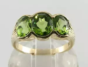 BIG 9K GOLD PERIDOT TRILOGY ART DECO INS ROBUST RING Size O & FREE RESIZE - Picture 1 of 5