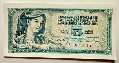 Yugoslavia 5 dinares 1.5.1968; UNC; P-81b Mujer con hoz Foto 1 de 2