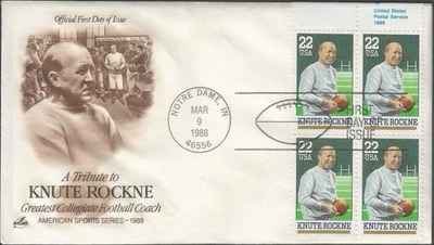 Scott 2376 FDC with block of 4 - 22 cent - 1988 - Knute Rockne - Football - FDOI - Image 1 of 2