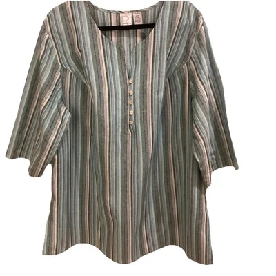 Túnica Top Roaman's Talla 24W Alegre Mezcla Lino Rayas Manga 3/4 Cuello en V Foto 1 de 4