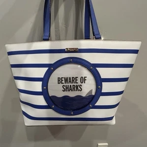 Kate Spade “Beware of Sharks” Jules Tote Bag Port Hole - Blue & White Polyvinyl - Picture 1 of 24
