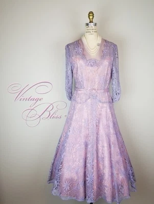 Vintage 1940's Lavender Lace + Pink Satin Lining Belted A Line Party Dress - Image 1 of 4
