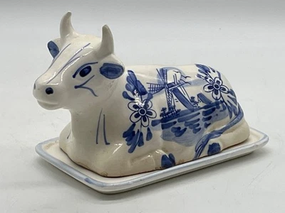 Hand-Painted Ceramic Cow Butter Dish Delft Blue White Decorative Dutch Design - Image 1 of 4