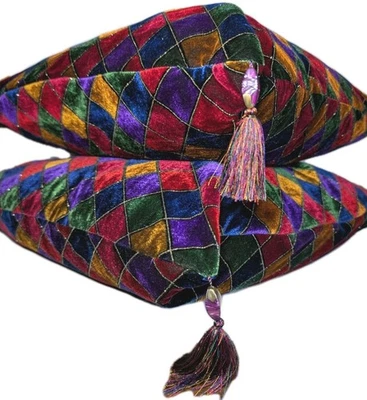 Pier 1 Velvet Pillows Diamond Jewel Tone Tassels Moroccan Set 2 Zippered Holiday - Image 1 of 4