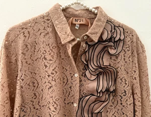 N° 21 L Nude Stretch Lace Blouse Long Sleeve Button Ruffle Black Trim $426 Italy - Picture 1 of 6