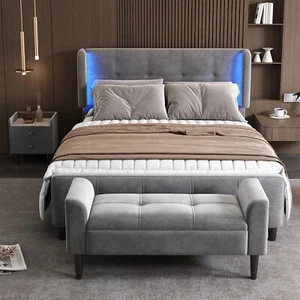 Polsterbett LED Doppelbett 140x200cm Jugendbett mit 1x Nachttisch Sitzbank Grau - Bild 1 von 15