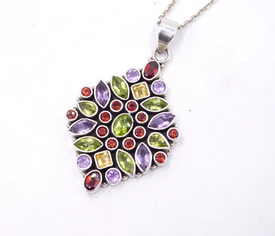 18.7 GM 925 Argento Sterling Massiccio Naturale Multi Cut Gemma Pendente Misura - Immagine 1 di 4