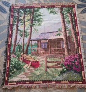 Fishing Lodge Tapestry Throw Fish Lake Canoe Cabin Fisherman MOHAWK USA 58" x49" - Picture 1 of 14