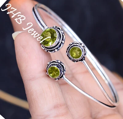 Apple Green Peridot Gemstone 925 Sterling Silver Bangle Cuff Wedding Day Wear - Image 1 of 4