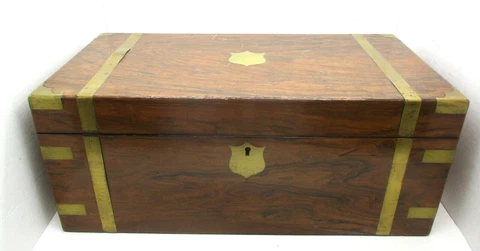 Antique VICTORIAN WALNUT Old BRASS Inlay TRAVELING SECRETARY Writing LAP DESK Cover