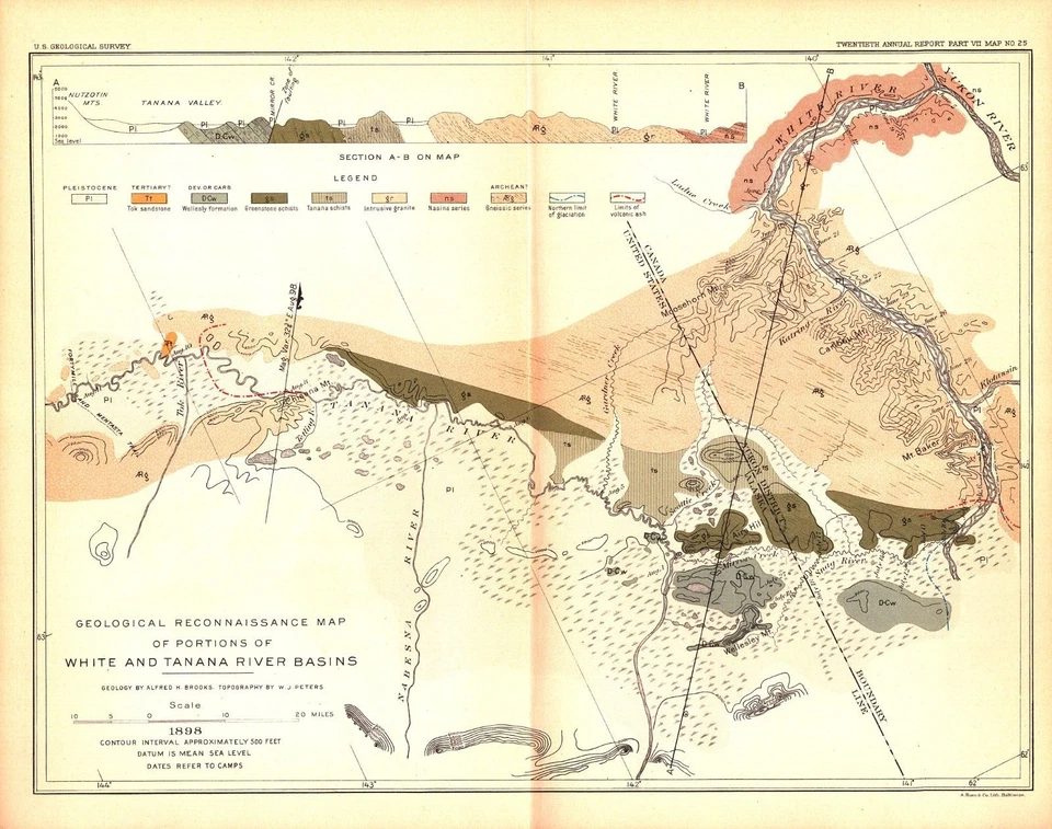 1898 USGS Antique Geological Map-White & Tanana River Basins-Rampart City-Alaska - Image 1 of 1