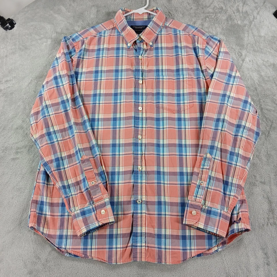 Camisa American Eagle Para Hombre XL Melocotón Cuadros Ajuste Atlético Cuello Abotonado Informal Foto 1 de 4