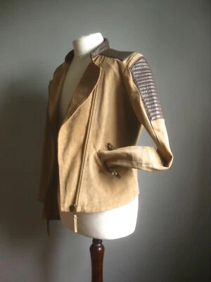 MANGO leather jacket BIKER 10 12 medium distressed short military suede - Image 1 of 4