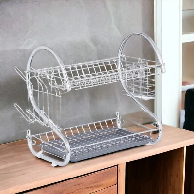 Scolapiatti 2 Livelli Metallo Cromato Vassoio grigio per Piatti Bicchieri Posate - Immagine 1 di 4