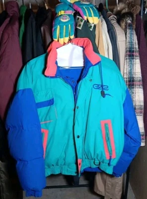 Chaqueta de esquí retro vintage acolchada mediana azul verde azulado reversible plumón GS2 CON guantes Foto 1 de 4