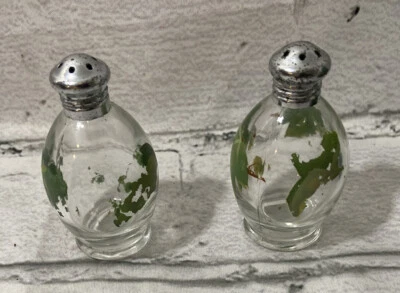 Vintage Clear Glass Egg Shaped Salt & Pepper Shakers With Green Painted Details - Image 1 of 4