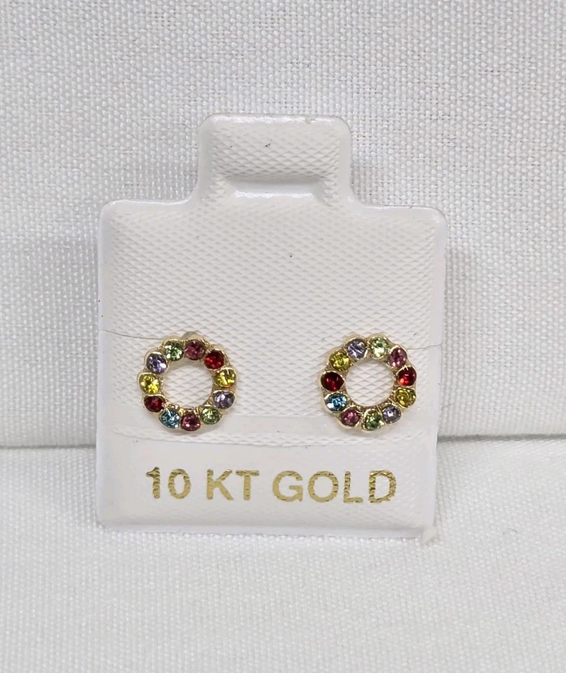 BROQUEL ORO 10K MEX. DONA Gold Earrings Donut CZ Stud Round Colorful Arete - Image 1 of 4