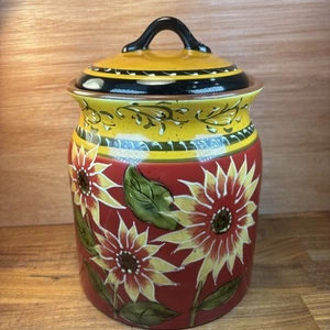 Pier 1 Imports Sonnenblume Terrakotta Keksdose Dose mit Deckel 9" handbemalt - Bild 1 von 10