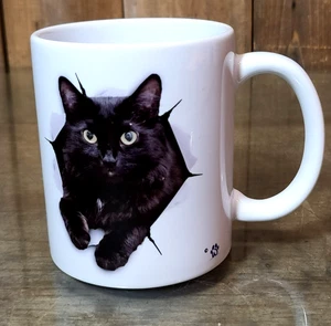 Coffee Mug Cat Lovers Gift - Stoneware Ceramic Coffee Mug Black Cat Yellow Eyes - Picture 1 of 8